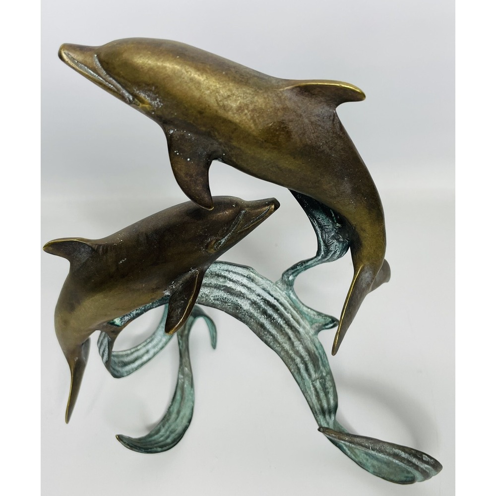Vintage Dancing Dolphins Bronze Wave Base MCM Sculpture Patina Swimming Dolphins